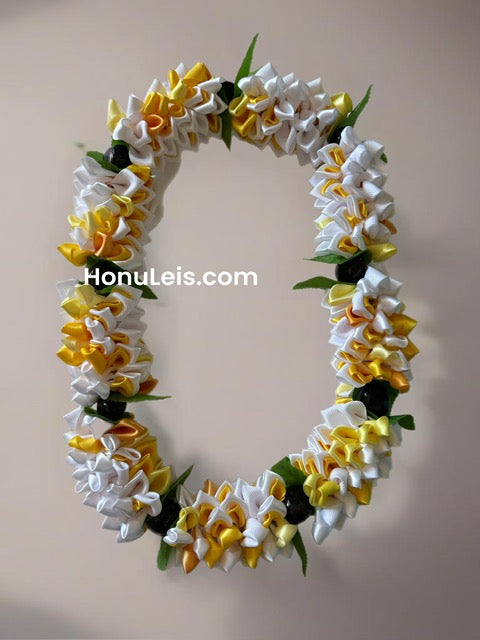 Ribbon Petal Lei - White & Yellow with Leaves