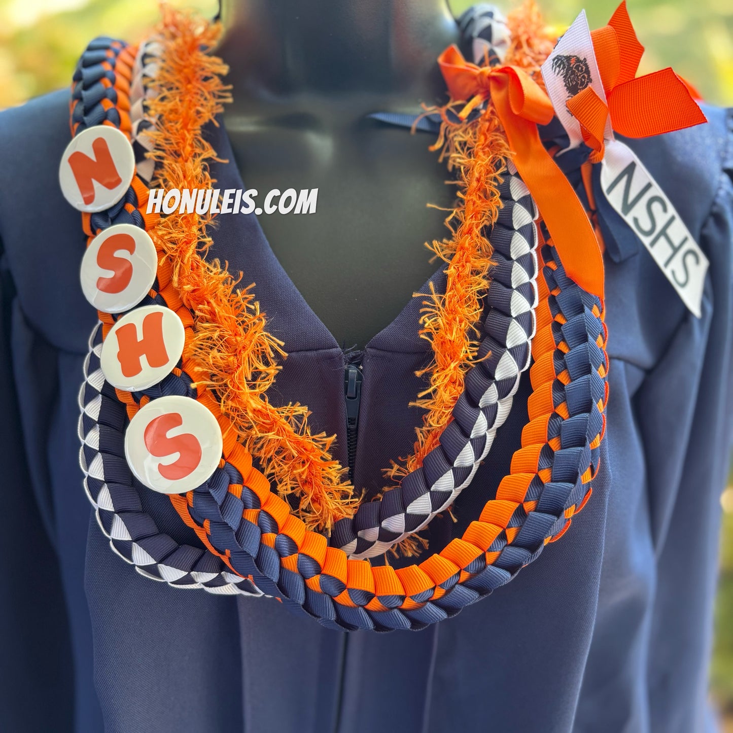 Orange & Navy Blue NSHS 2 Lei set. Tag and buttons included.